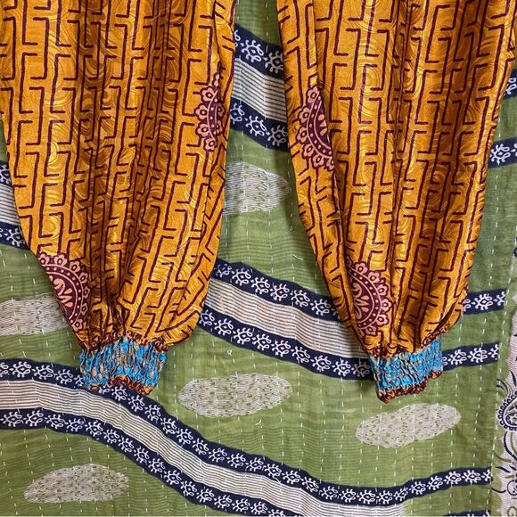 Made in India Silk Yellow/ Brown Floral Boho Palazzo Harem Pants Size Medium - Picture 6 of 15